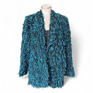 90s Car Pool Couture Vintage Black & Turquoise Artsy Fringe Blazer